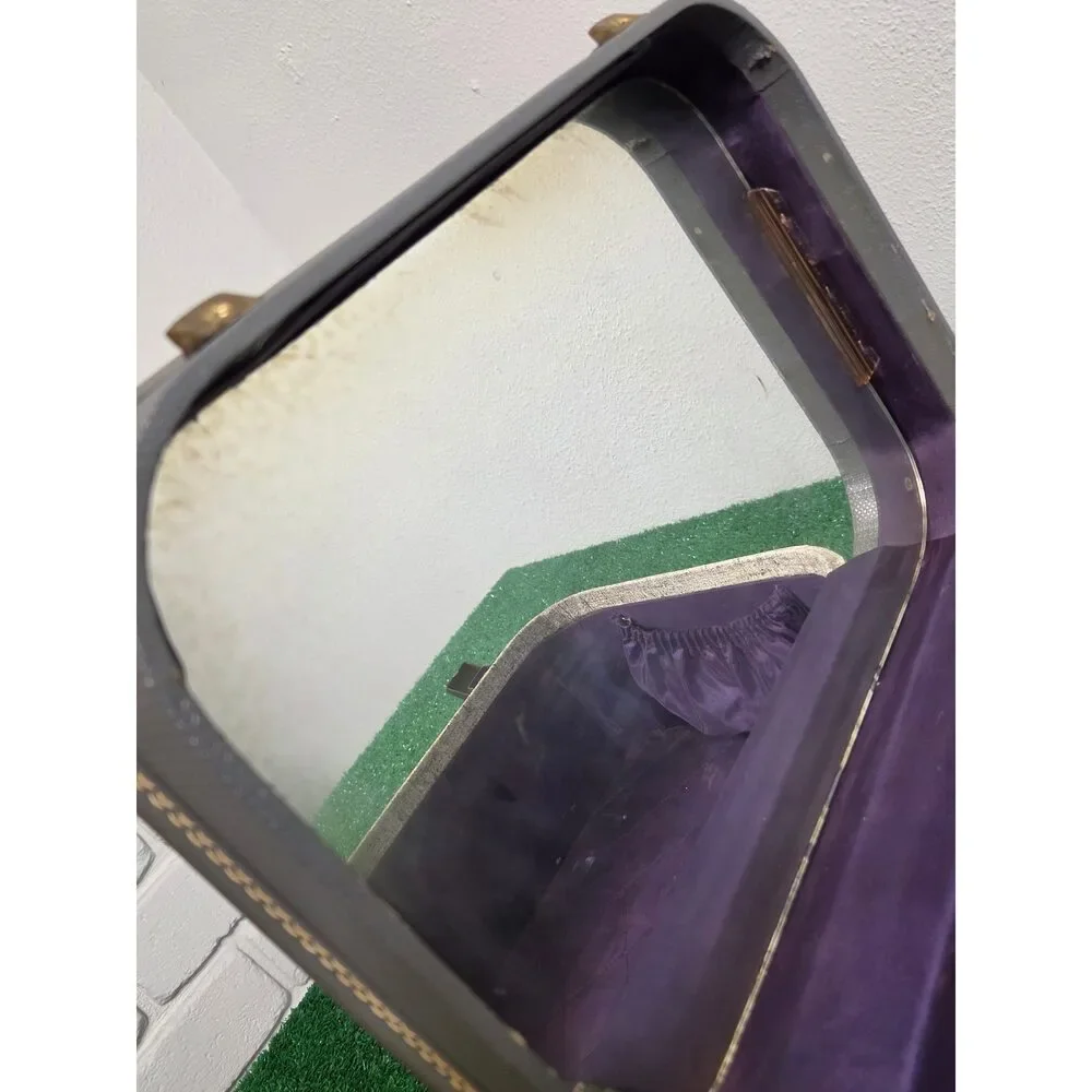 Vintage Tweed Vanity Case Train Luggage Makeup Train Case Purple Interior
